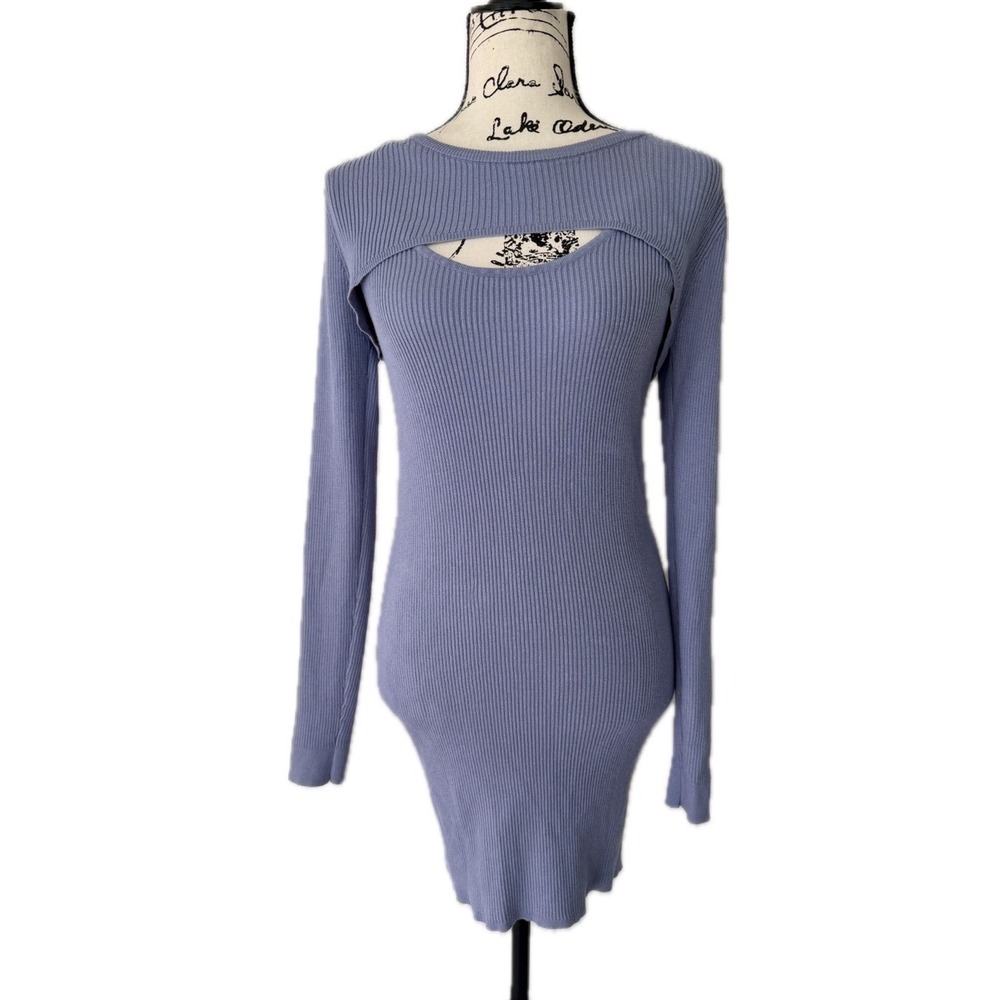 Stitch‎ & Pine Ribbed Cutout Shrug Bodycon Mini Dress Blue Lavander Large Preppy